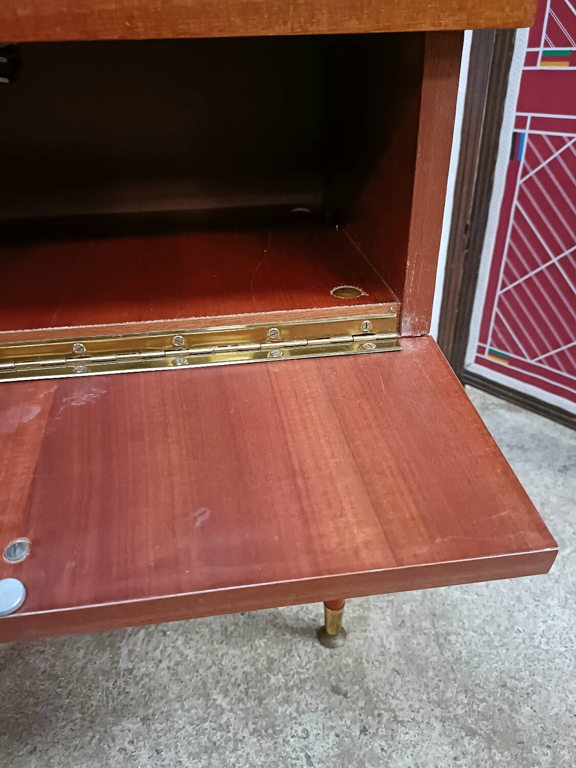 Vintage bedside table, mahogany veneer and tapered legs