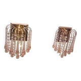 Pair of Murano wall sconces with cascading raindrop style, Venini crystals.