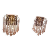 Pair of Murano wall sconces with cascading raindrop style, Venini crystals.