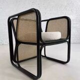Fauteuil cubique en rotin noir et cannage