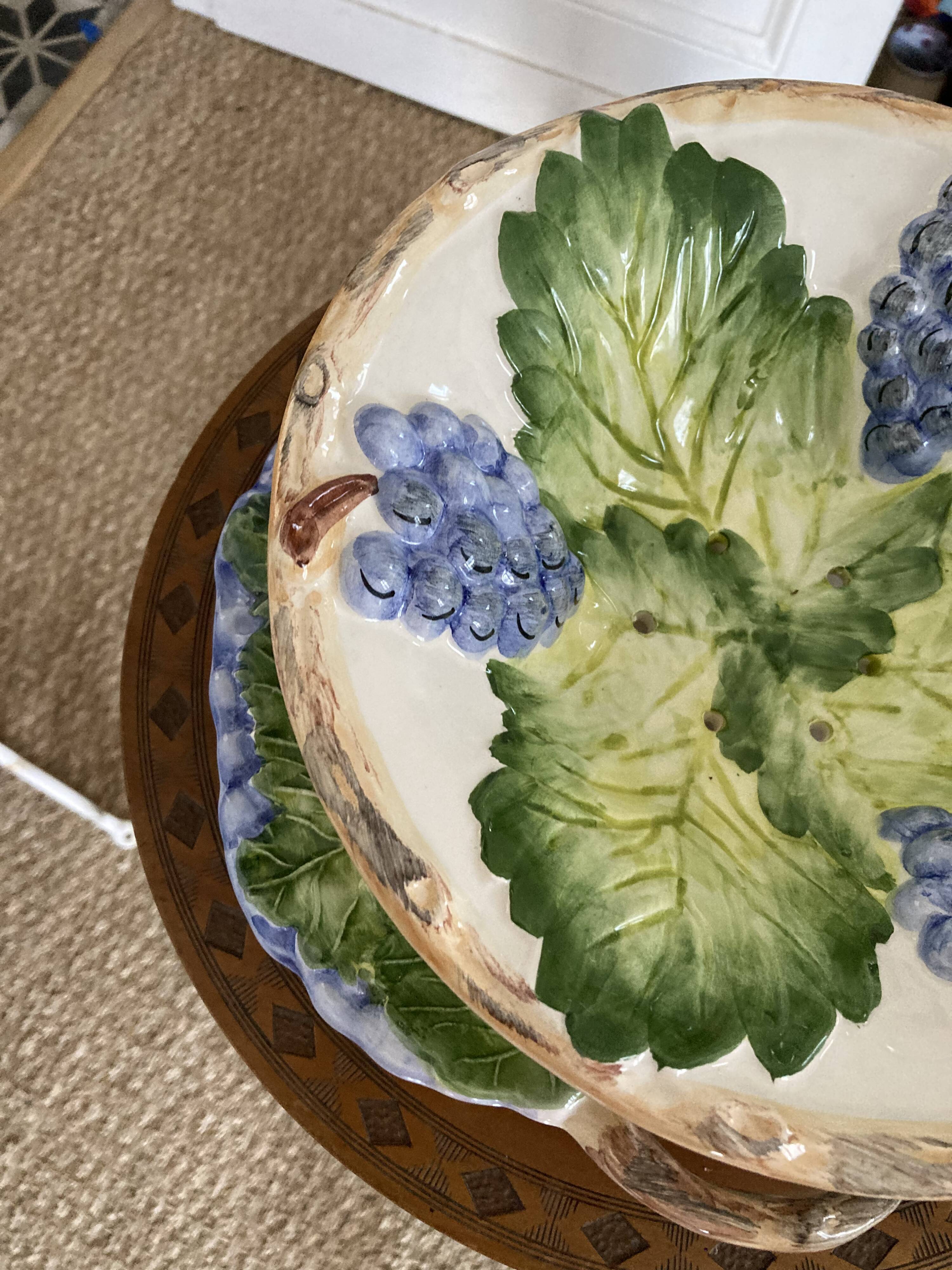 Grape slip compotier with plate - vintage majolica style ceramic drainer