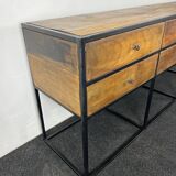 Antique wooden console with black metal base and 6 drawers
