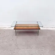 Coffee table by Robert Debiève in ash veneer, glass and brass, France 1950.