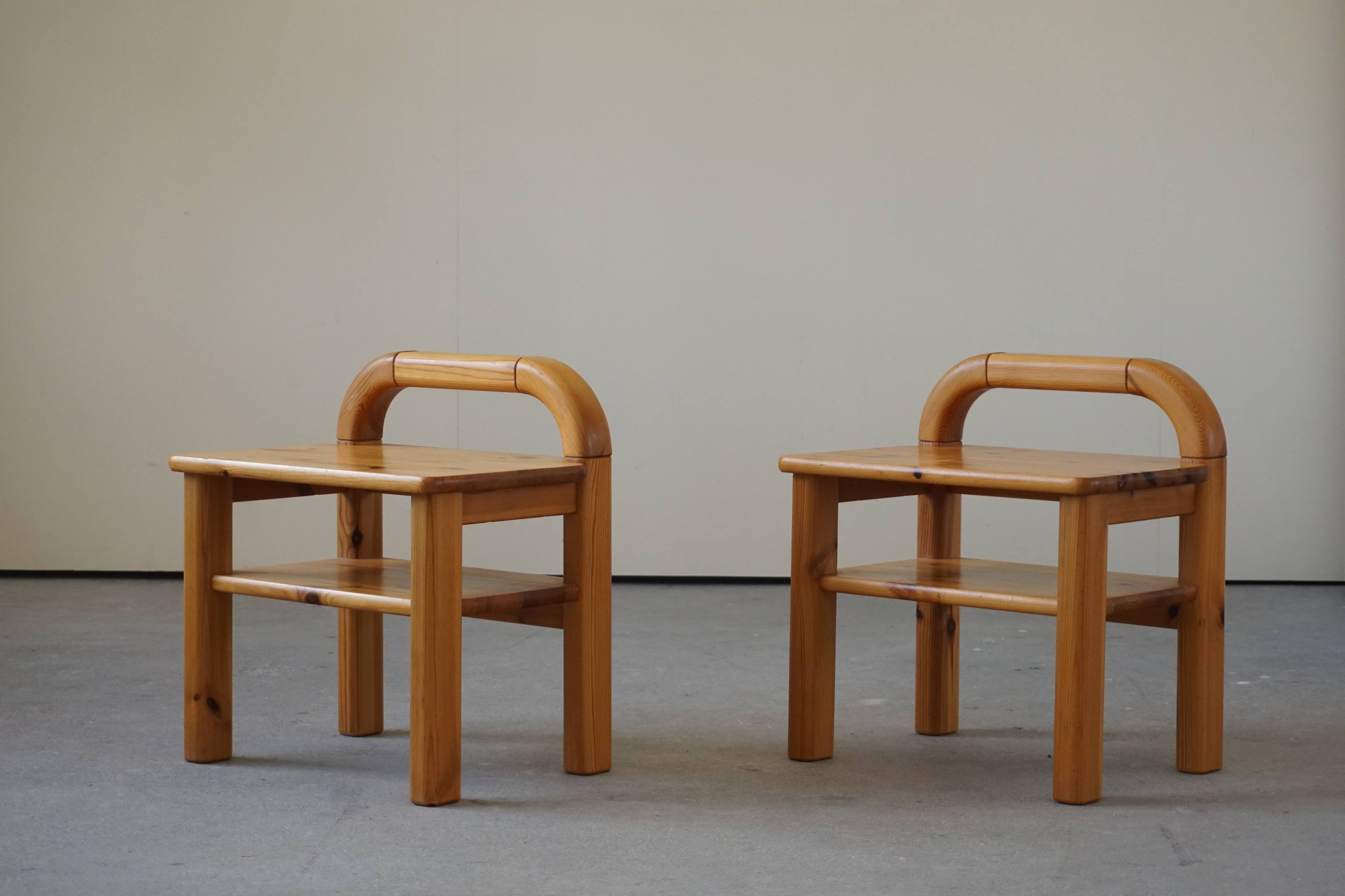 Pair of Mid Century Brutalist Night Stands in Solid Pine, 1970s, Made in Sweden