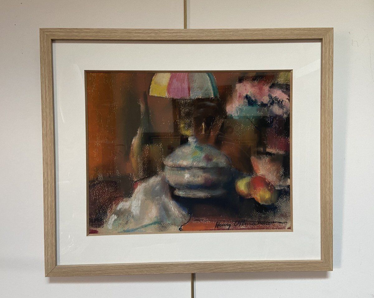 Still life with lamp, signed pastel