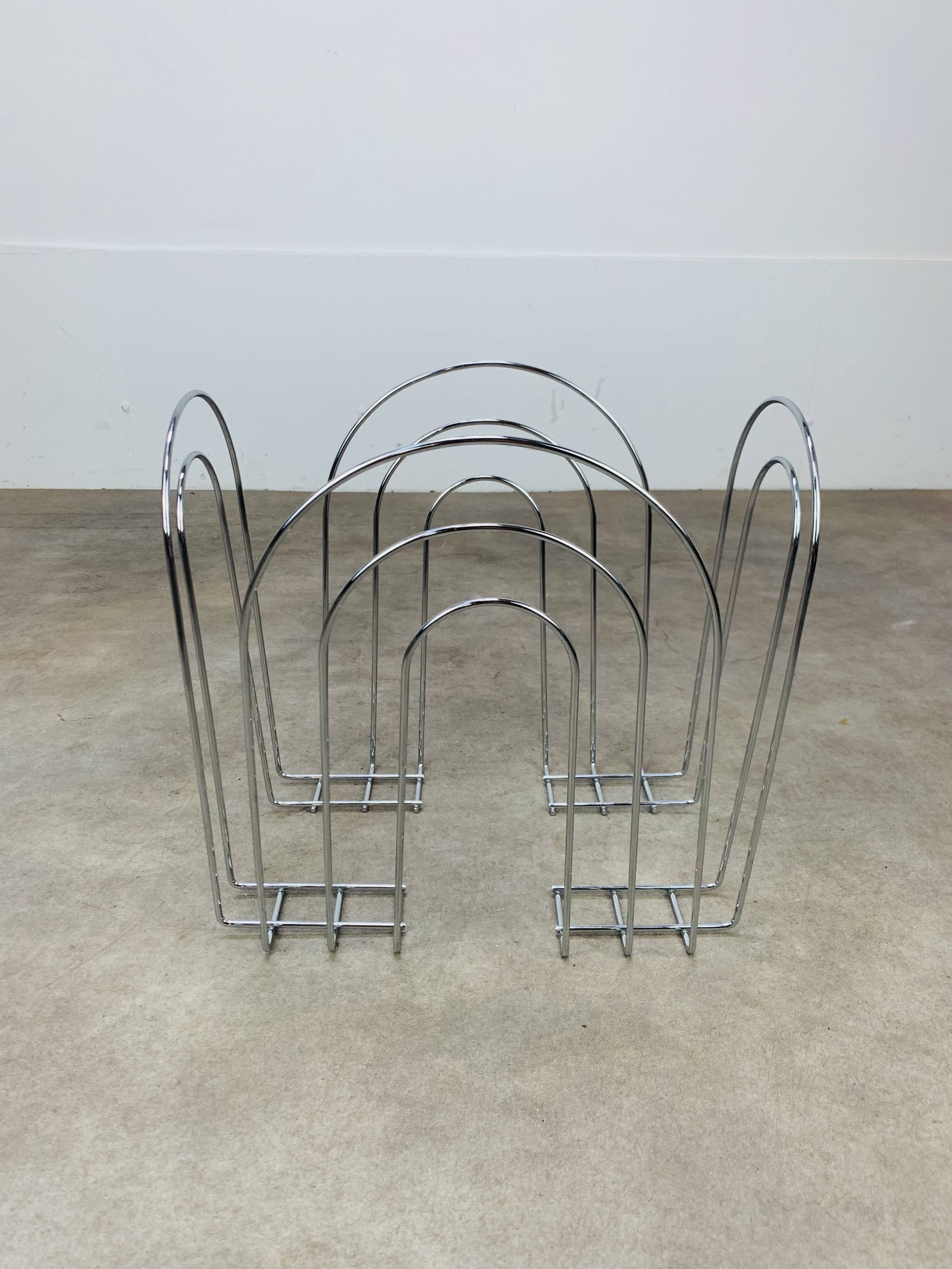 Postmodern chrome metal magazine rack from the 80s