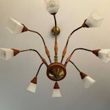 Scandinavian chandelier from the 60s in teak and opaline