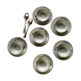 Coffee tea cups X 6 old porcelain Limoges model Vierzon flowers and vintage gilding