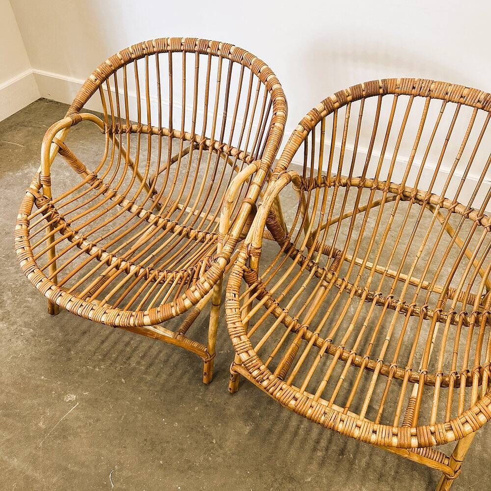 Mid-century French Riviera rattan lounge chairs – pair – 1960s organic design