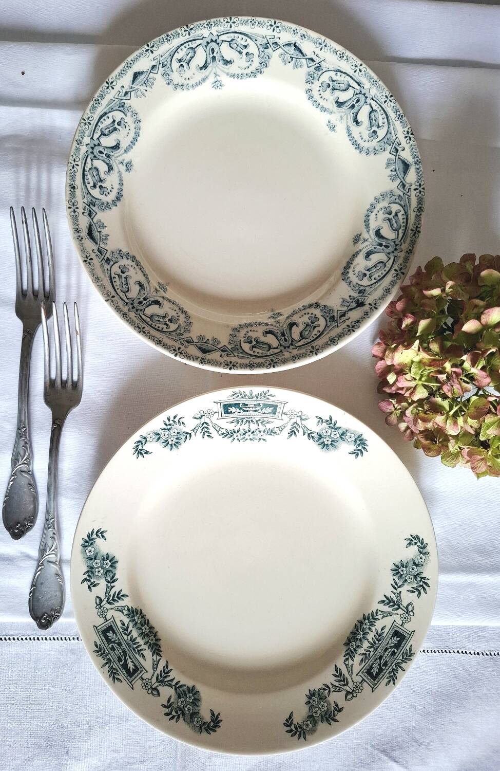 Mismatched antique ironstone dinner plates