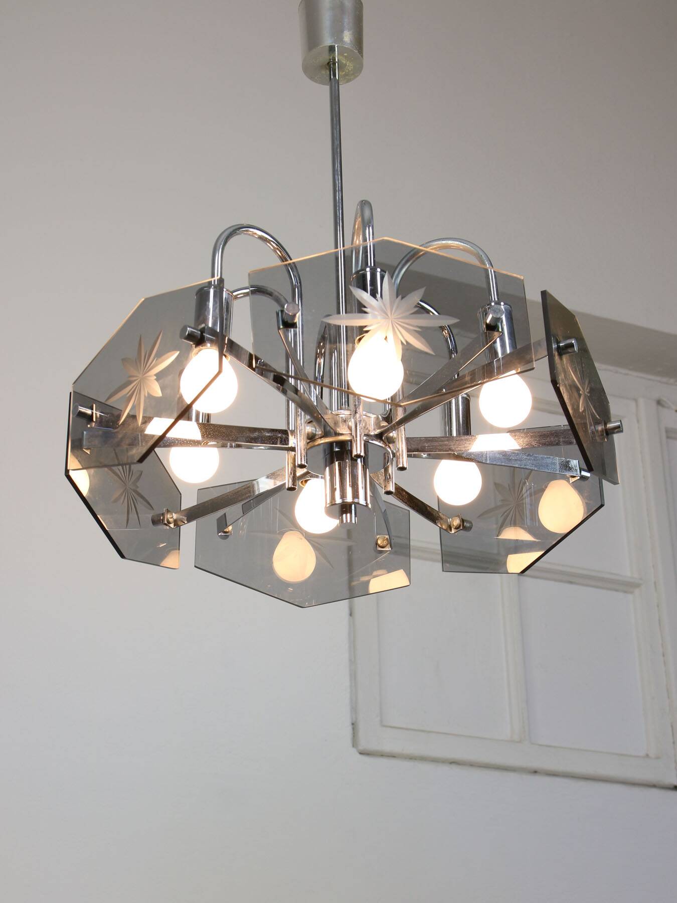 Vintage Italian Chrome and Glass Chandelier, 70s