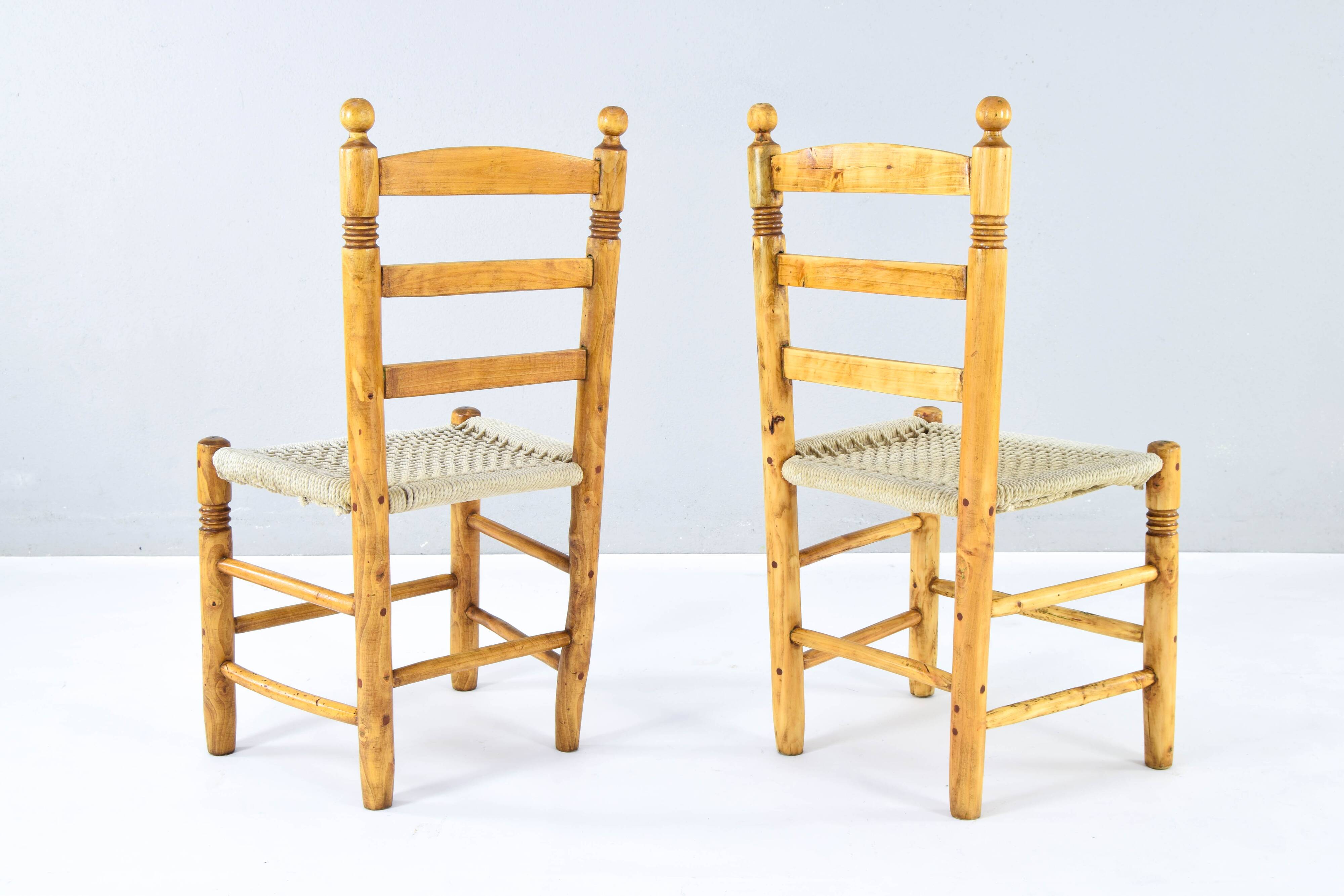 Antique low Traditional Andalusian Mediterranean Chairs made of Wood and Rope