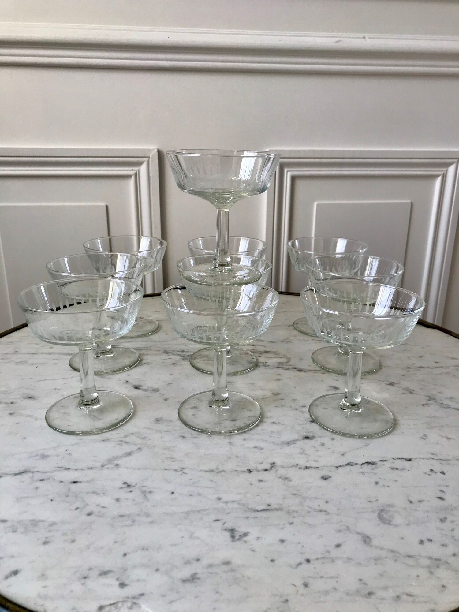 Lot de 10 coupes à champagne en verre cristallin années 50-60