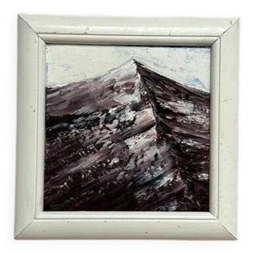 Huile sur panneau d'origine suédoise – "Montagnes" par artiste inconnu – Vintage et encadrée – 24 × 24 cm
