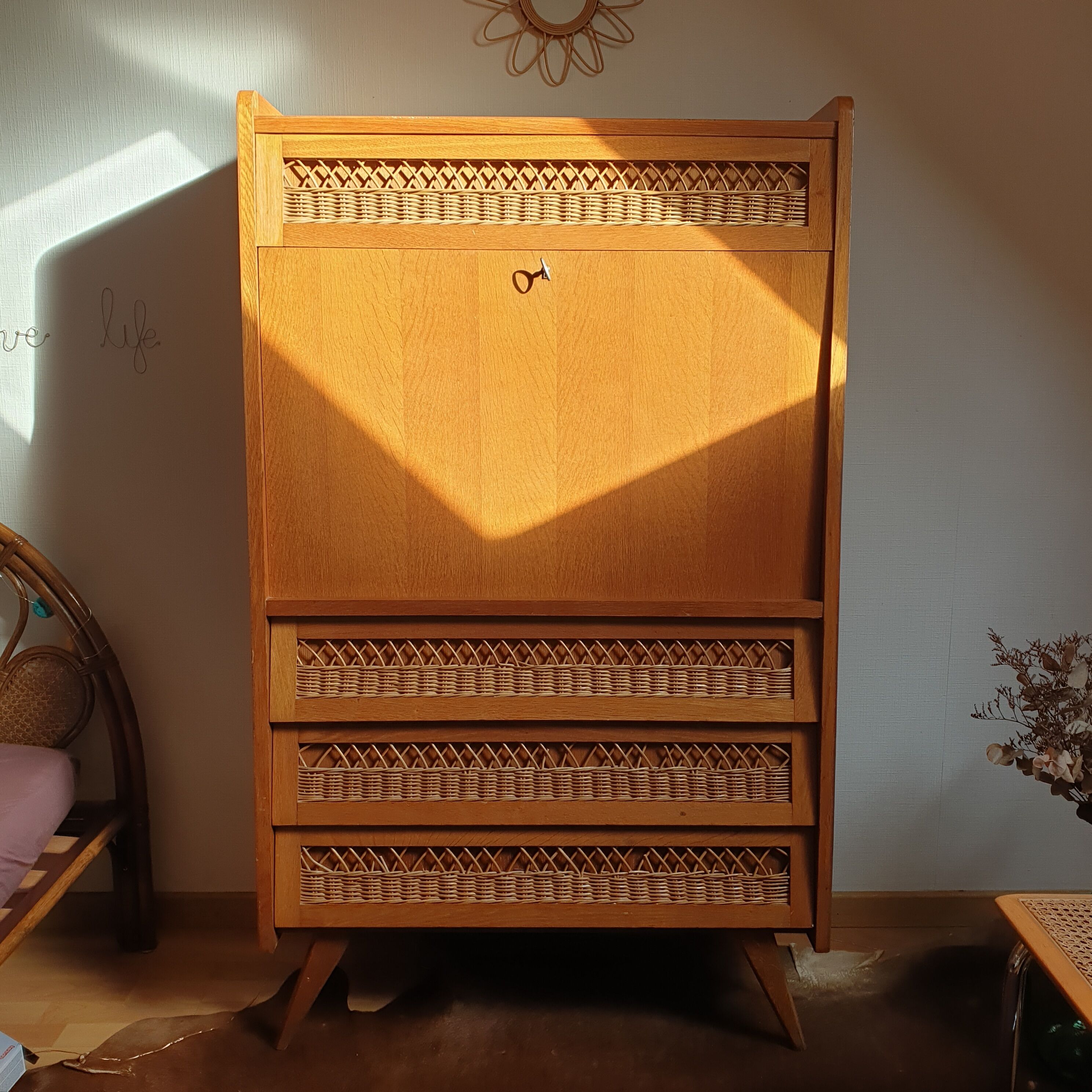 Vintage secretary rattan chest of drawers
