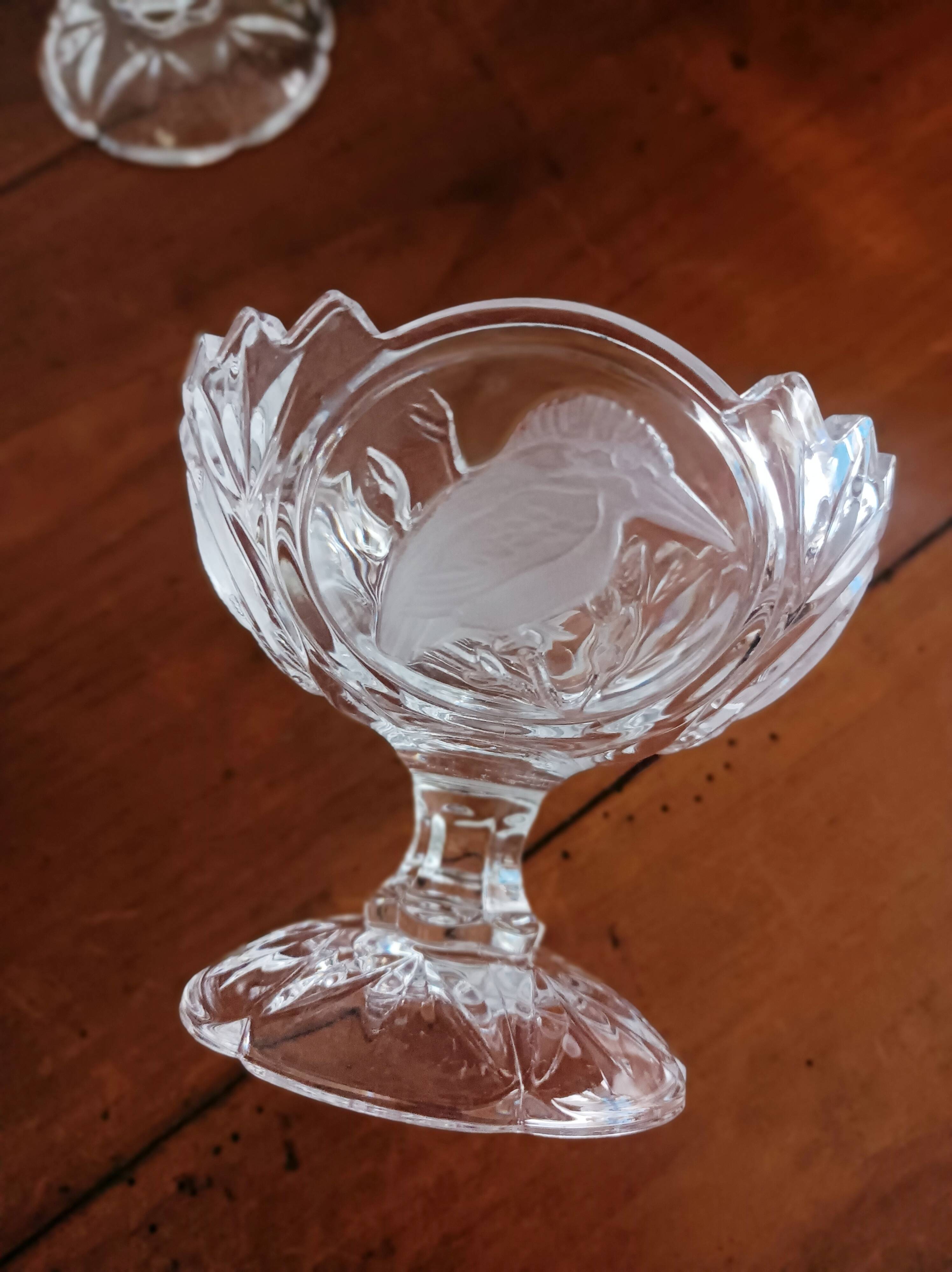 Set of 7 Arques crystal dessert bowls, Passereaux, bird decor