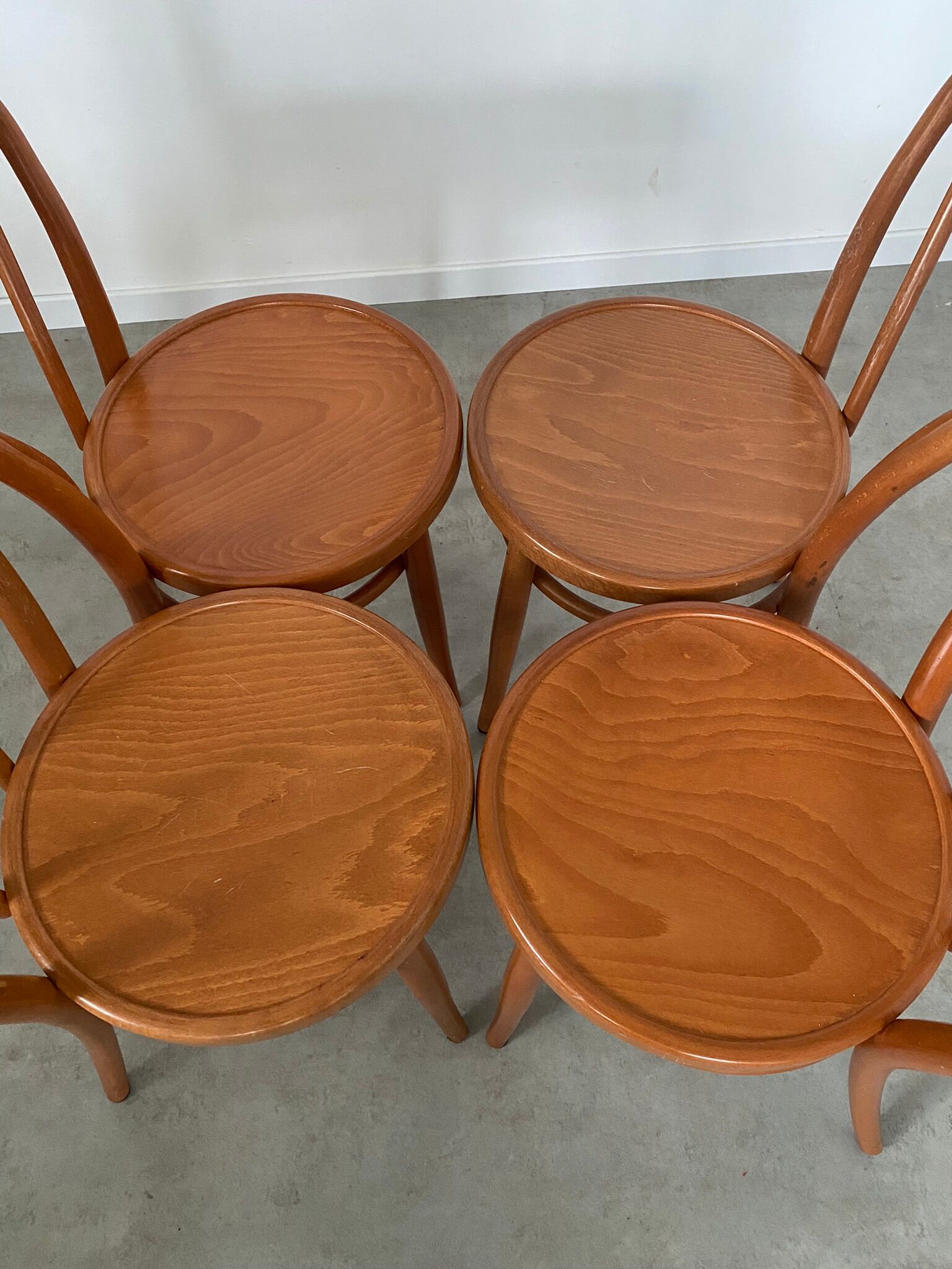 Set of 4 old curved wood bistro chairs light wood