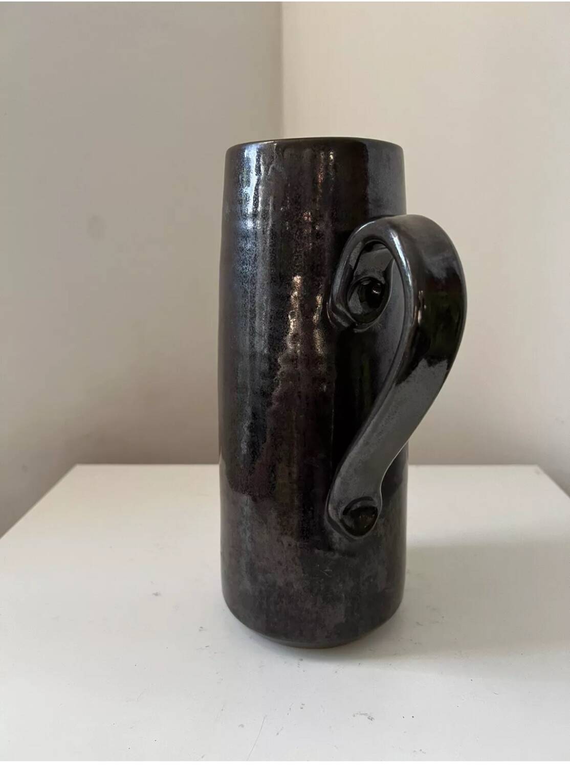 Vintage 1950s black and brown glazed stoneware pitcher/jug