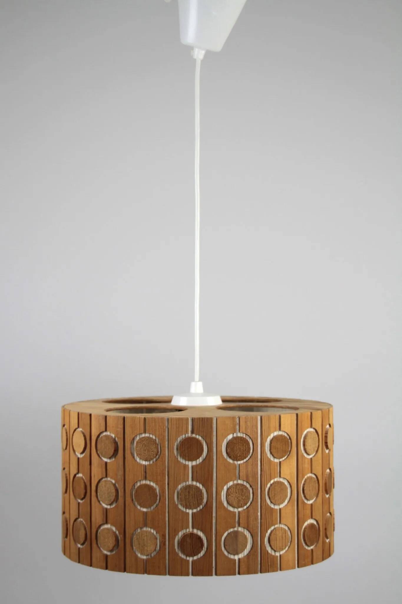 Pine Pendant Lamp – Cylindrical with Circle Pattern, Scandinavia – 1960s/1970s