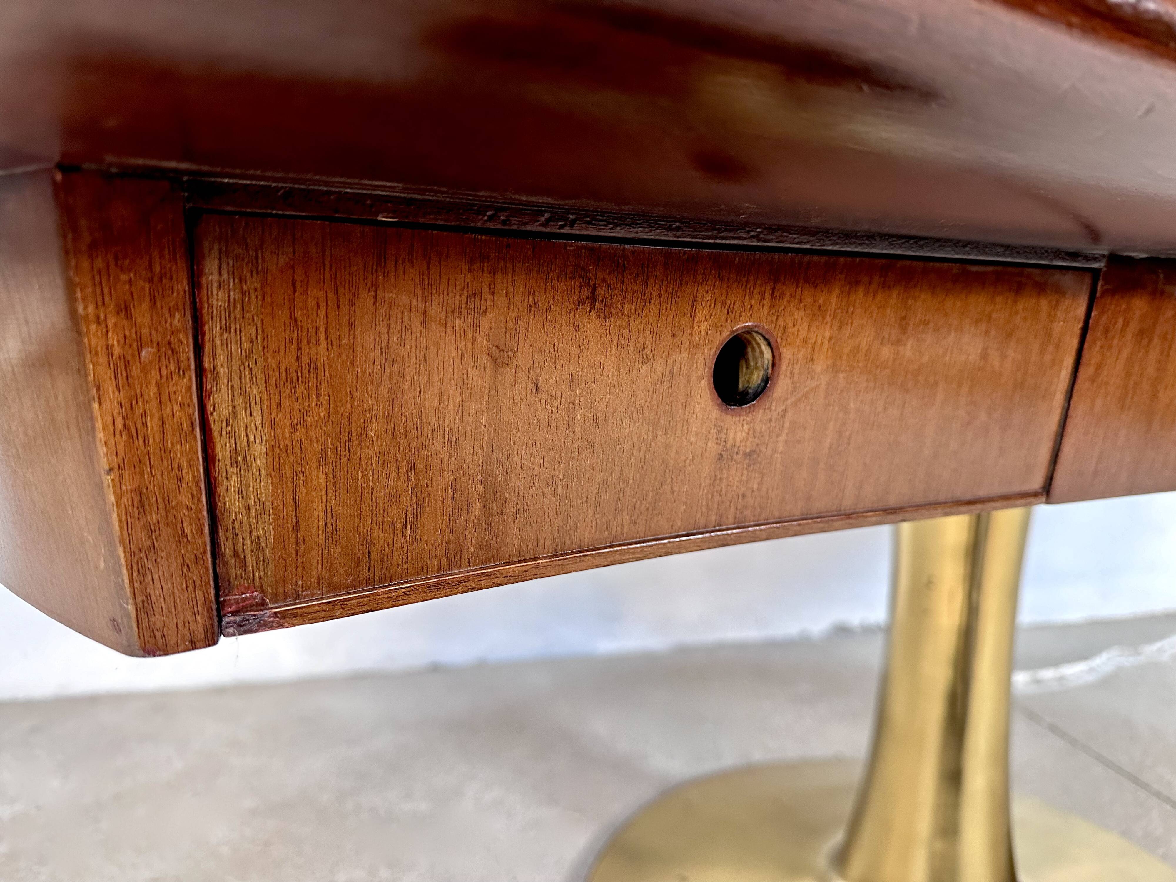 Large Italian Single Column Crescent-Shaped Desk in Goat Skin & Brass 1950s