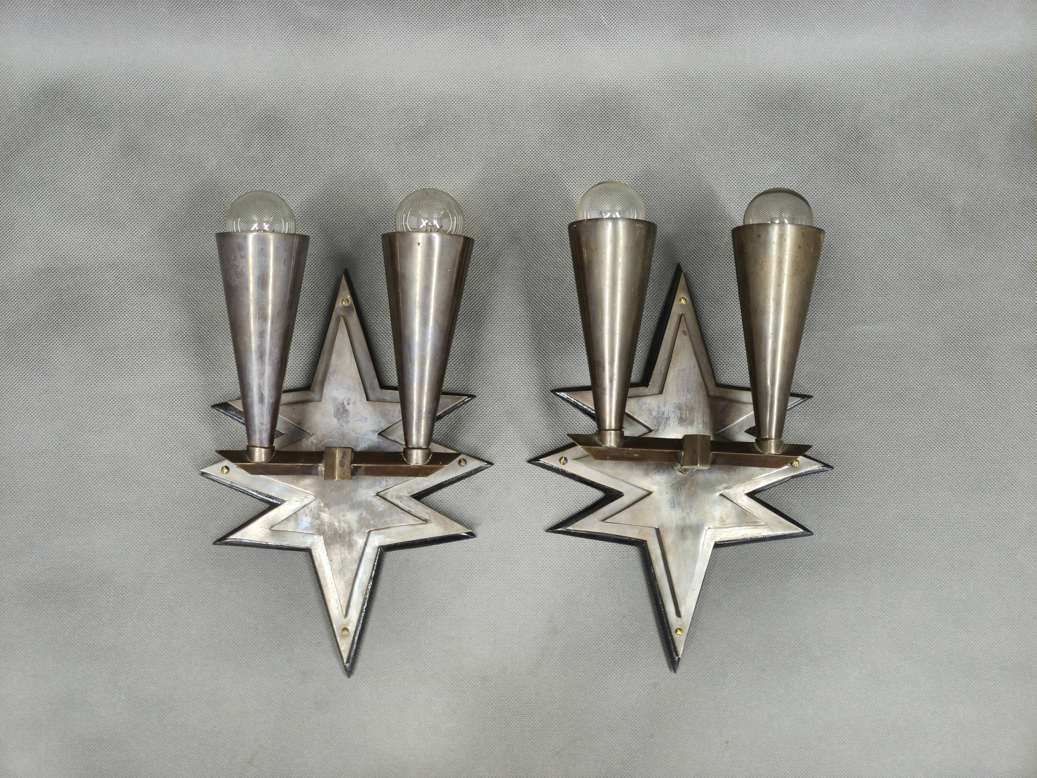 Pair of Czech Cubist Brass Wall Lights, Czechoslovakia, 1920s