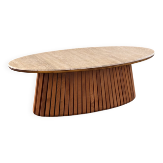Oval travertine coffee table with ashwood slatted base – italy by forme