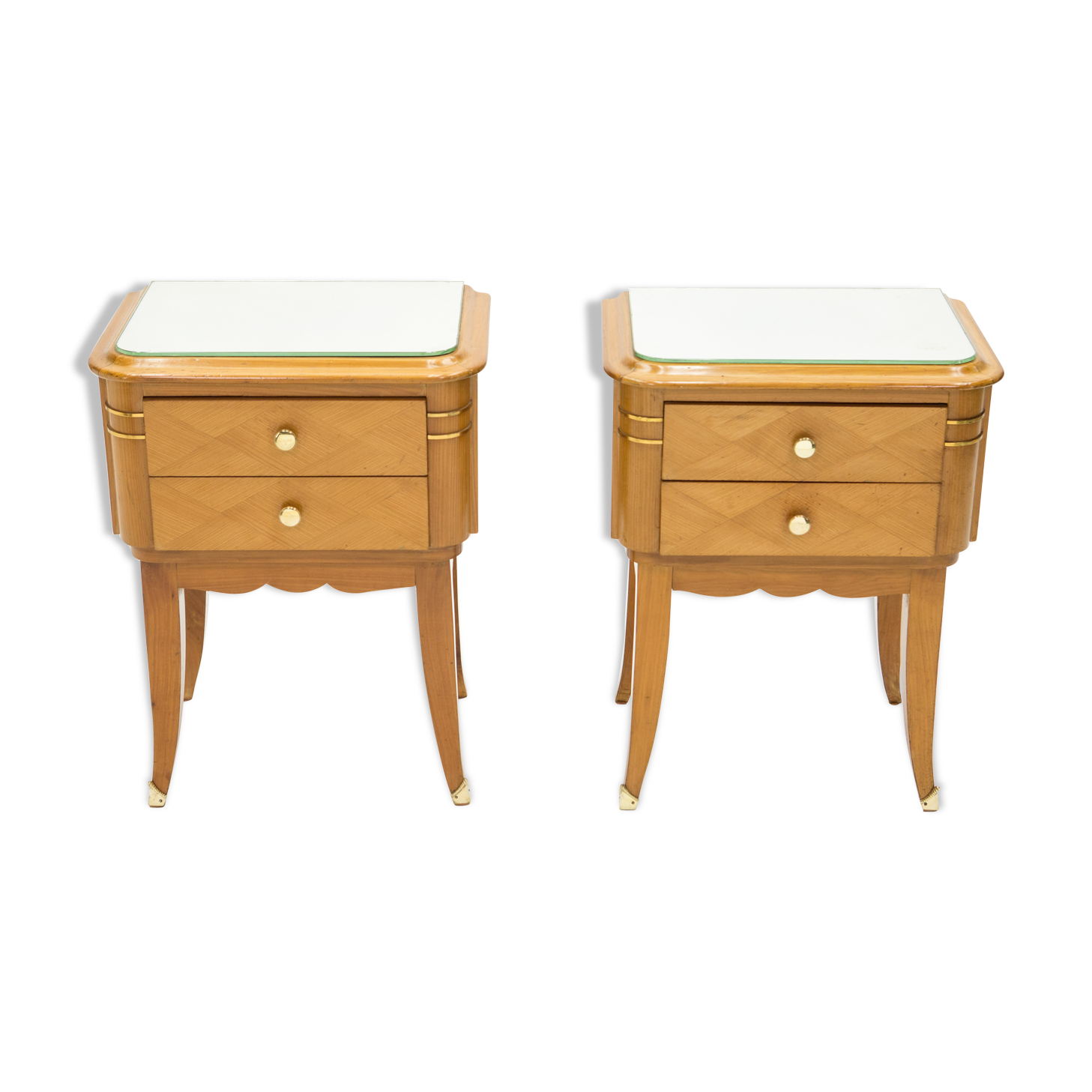 Pair of bedsides in sycamore brass mirror by Jean Pascaud 1940