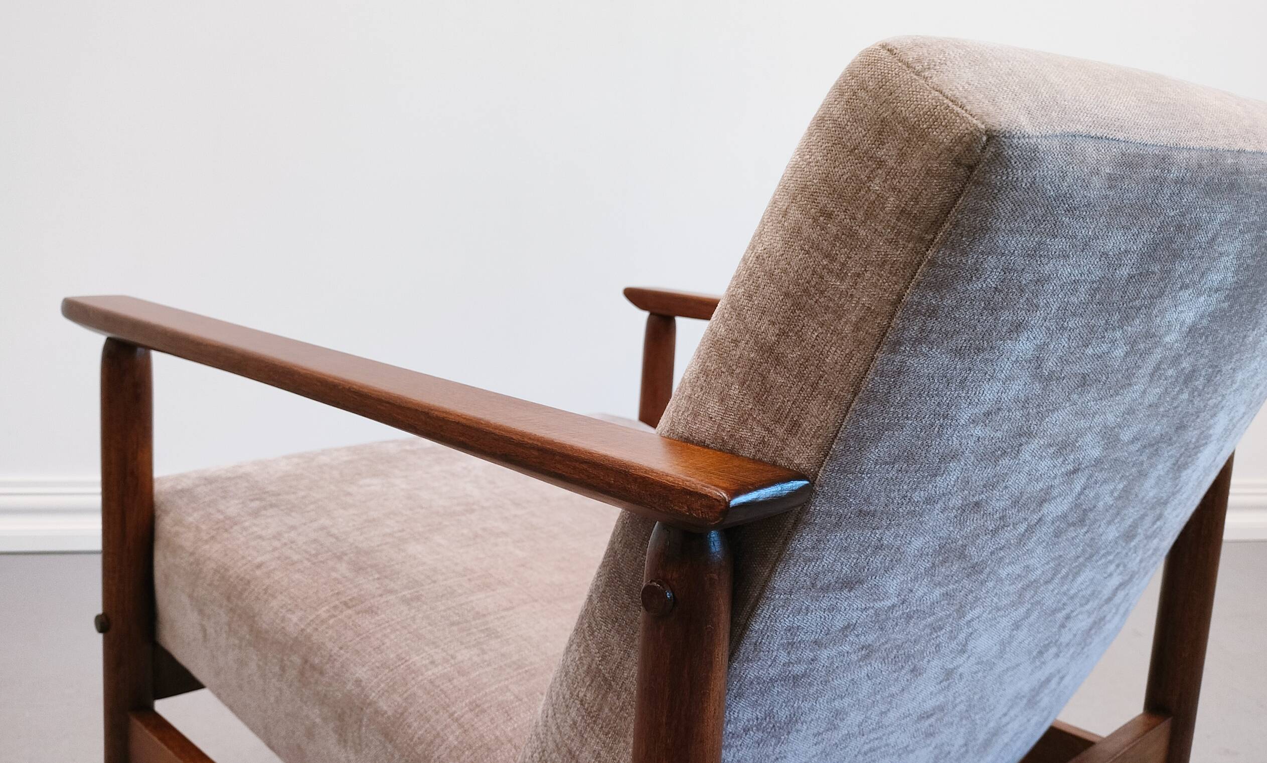 Mid Century Easy Chair in warm gray textile.