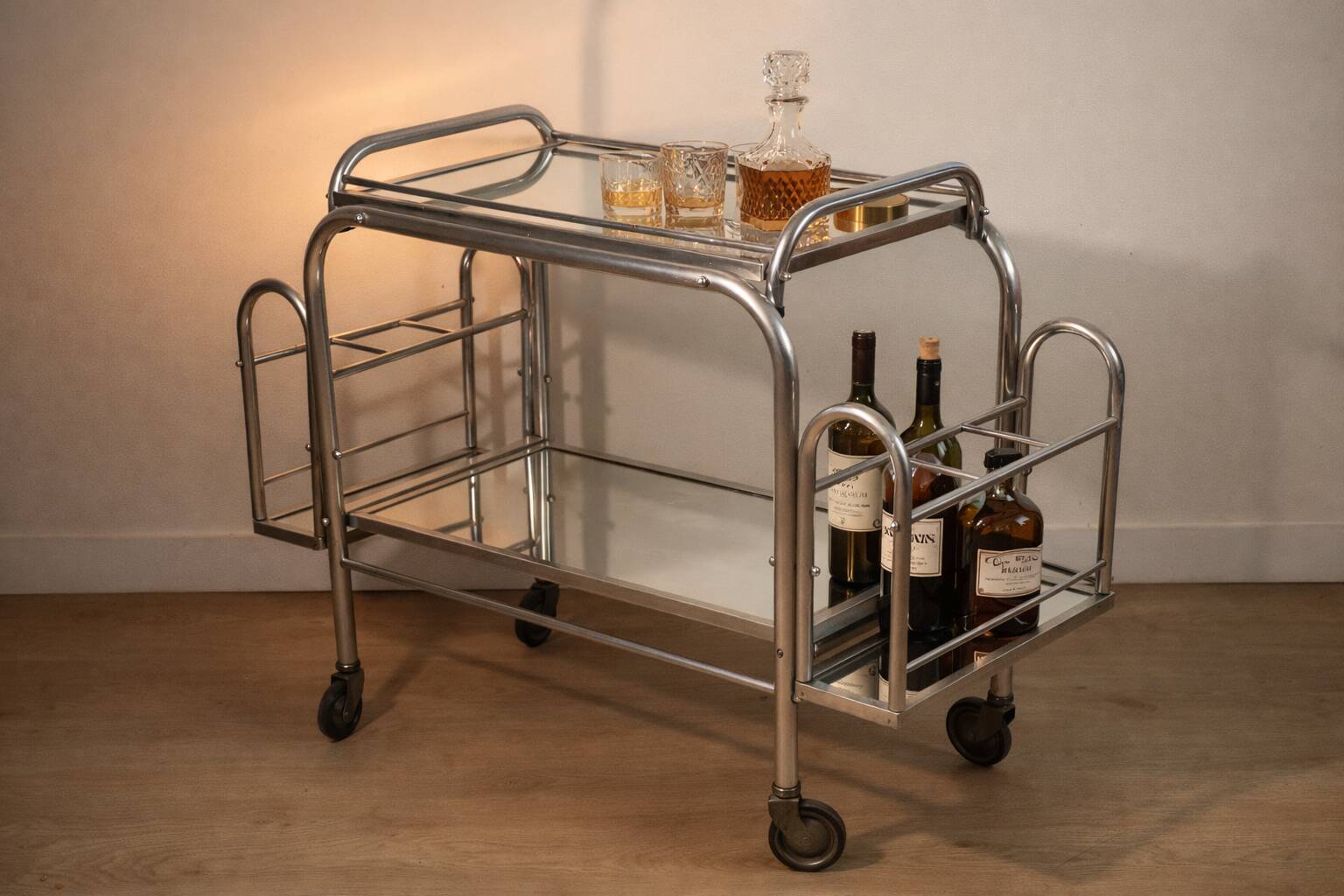 Desserte roulante vintage années 70 en métal chromé et verre miroir