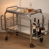 Desserte roulante vintage années 70 en métal chromé et verre miroir