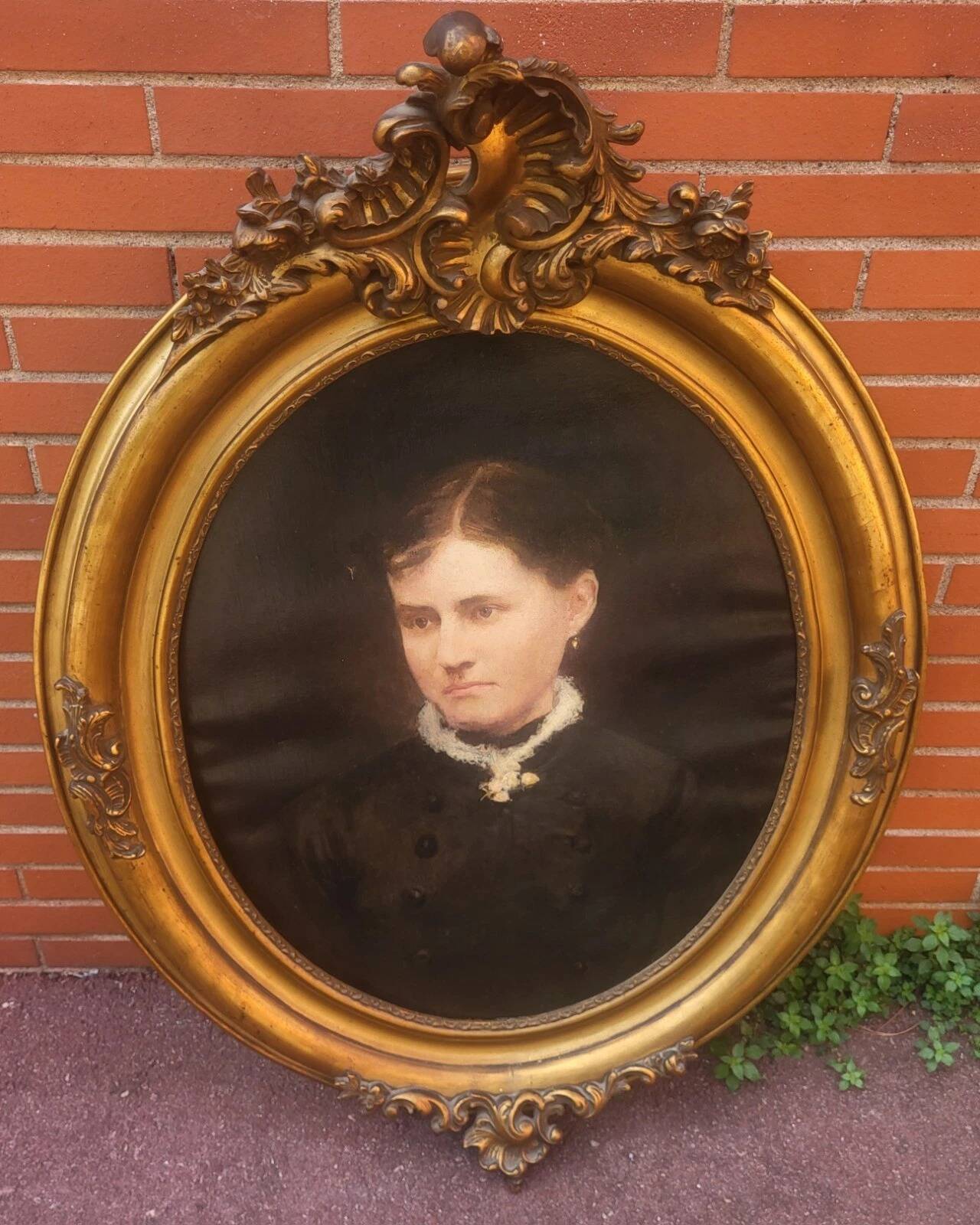 19th Century Antique Portrait of Woman Oil on Canvas Painting