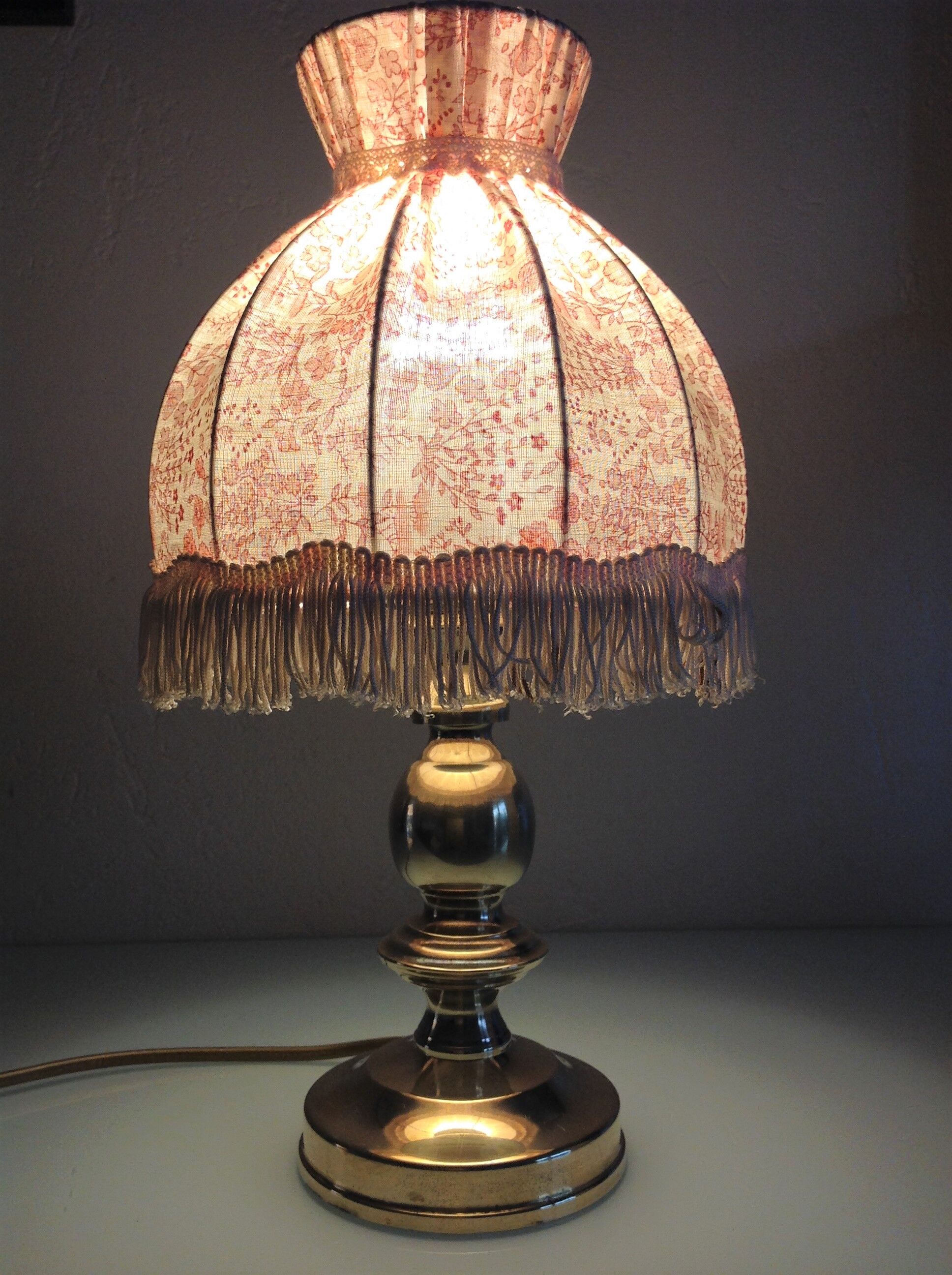 Brass bedside lamp and pink/vintage lampshade 60s-70s