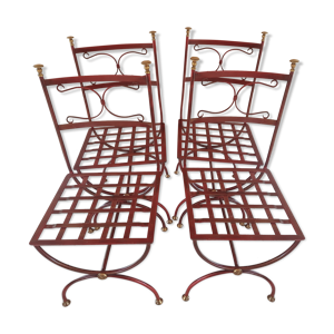 Lot de 4 chaises en fer rouge dorée