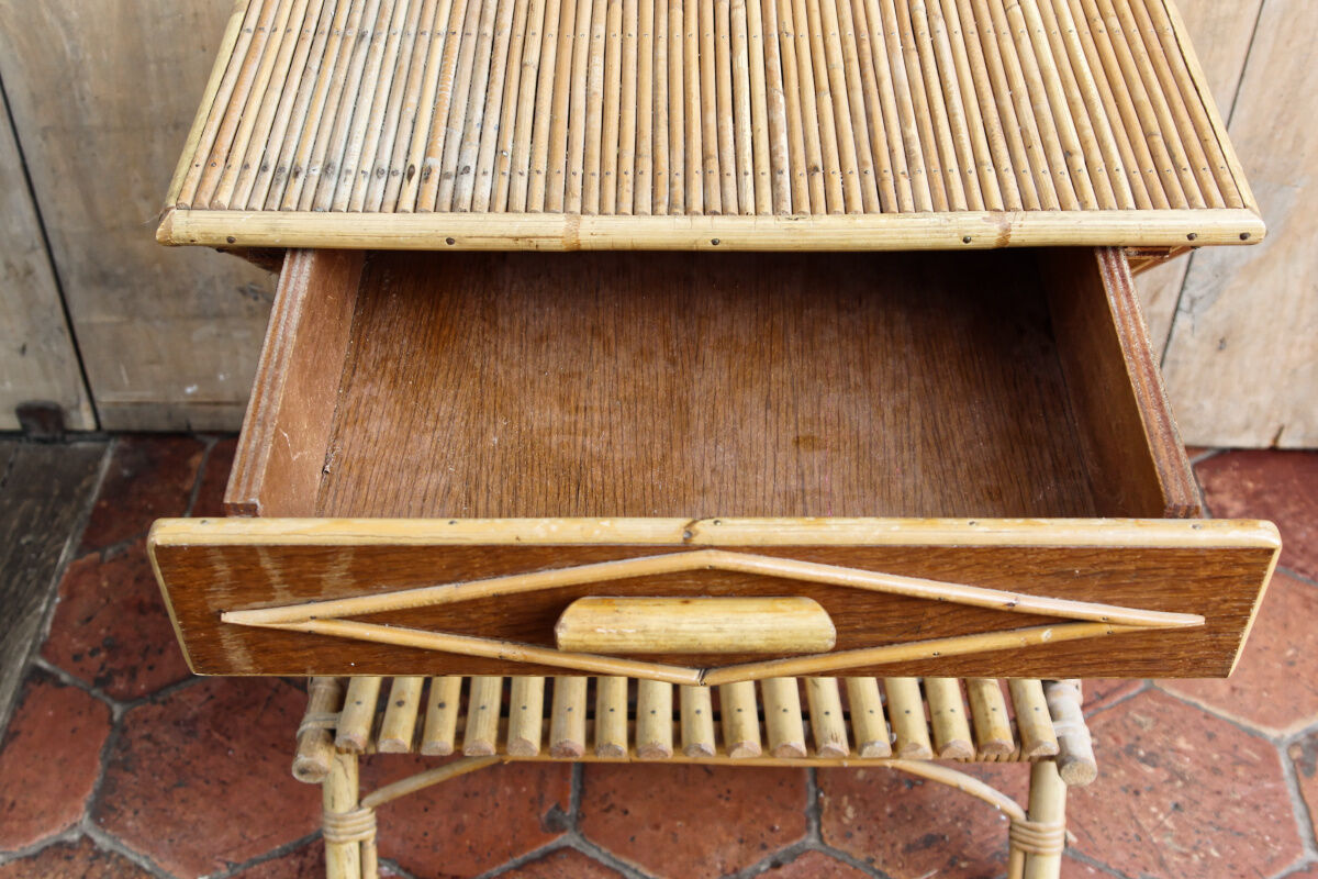 Vintage bedside table, rattan and bamboo