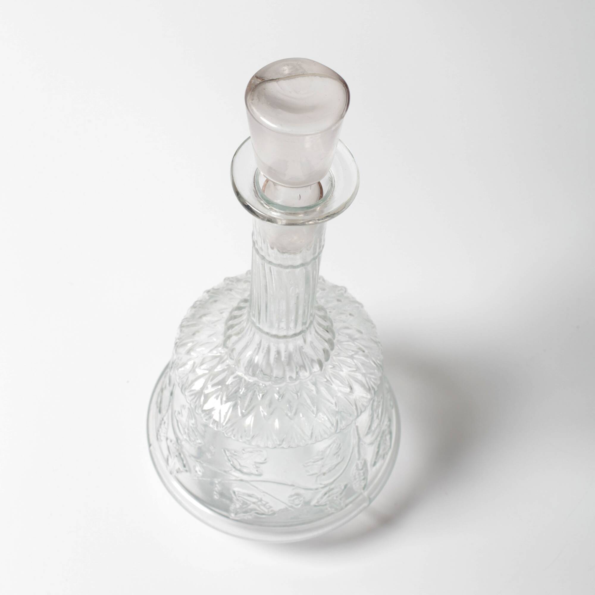 Clear Pressed Glass Floral Patterned Wine Bottle with Stopper / Italy /1930