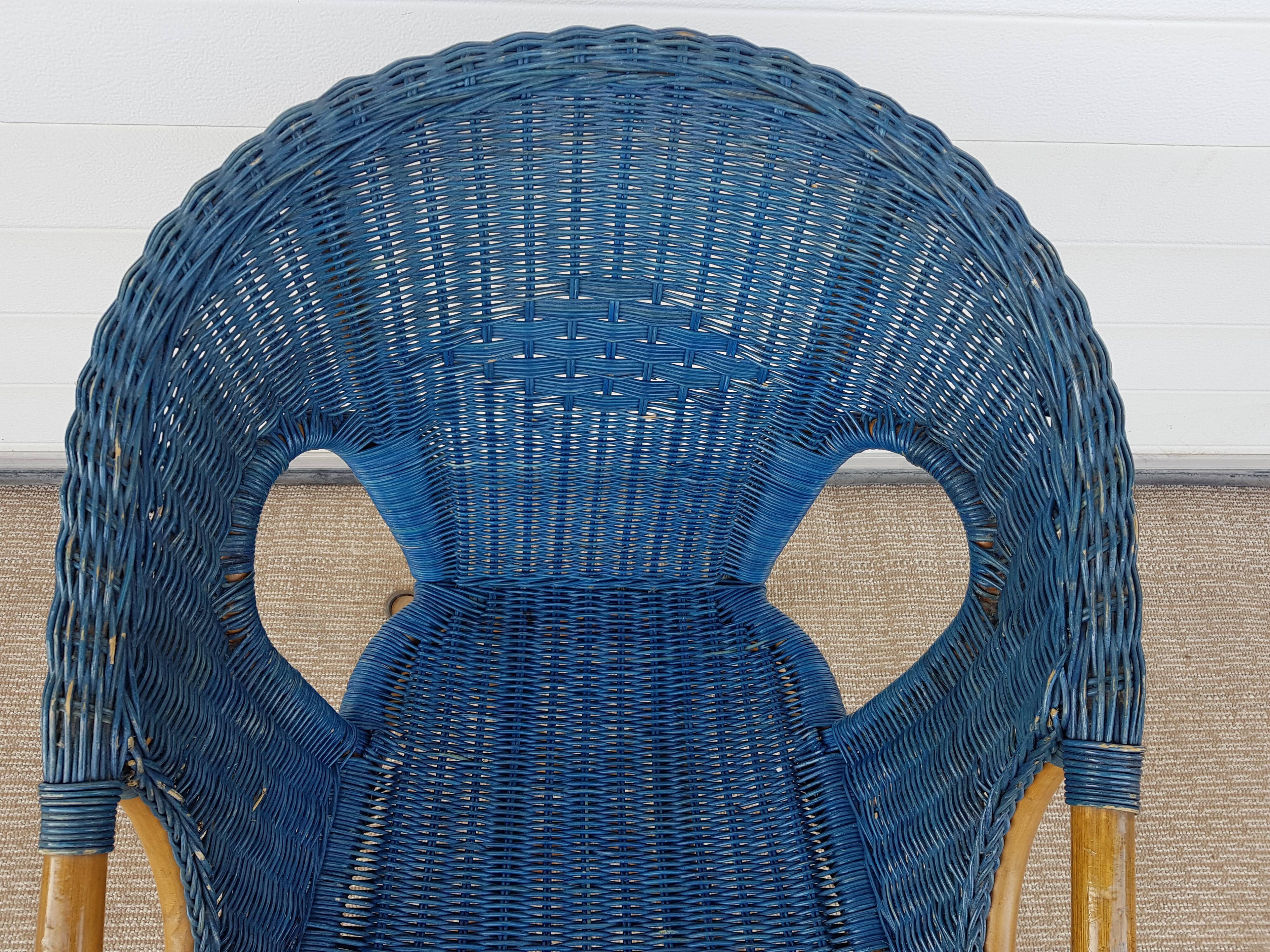 Antique wicker, bamboo and blue rattan armchair, 50's 60's
