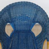 Antique wicker, bamboo and blue rattan armchair, 50's 60's