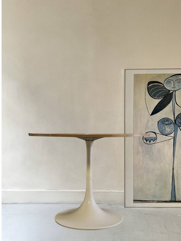 Table a manger midcentury ronde tulipe & plateau bois, design vintage 1970