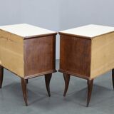 Pair of mid-century Italian walnut nightstands with glass top, 1950s