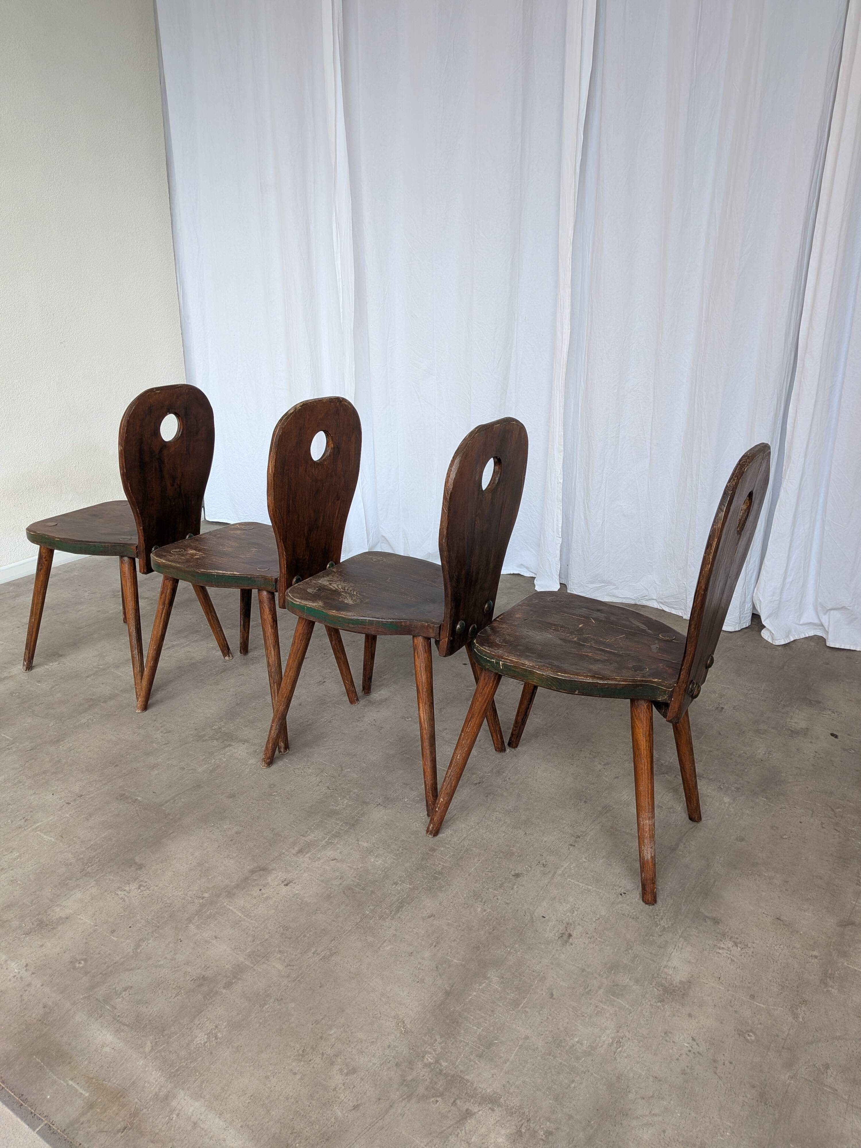Set of 4 Vintage Brutalist Wooden Chair / Rustic Farmhouse Dining Chair