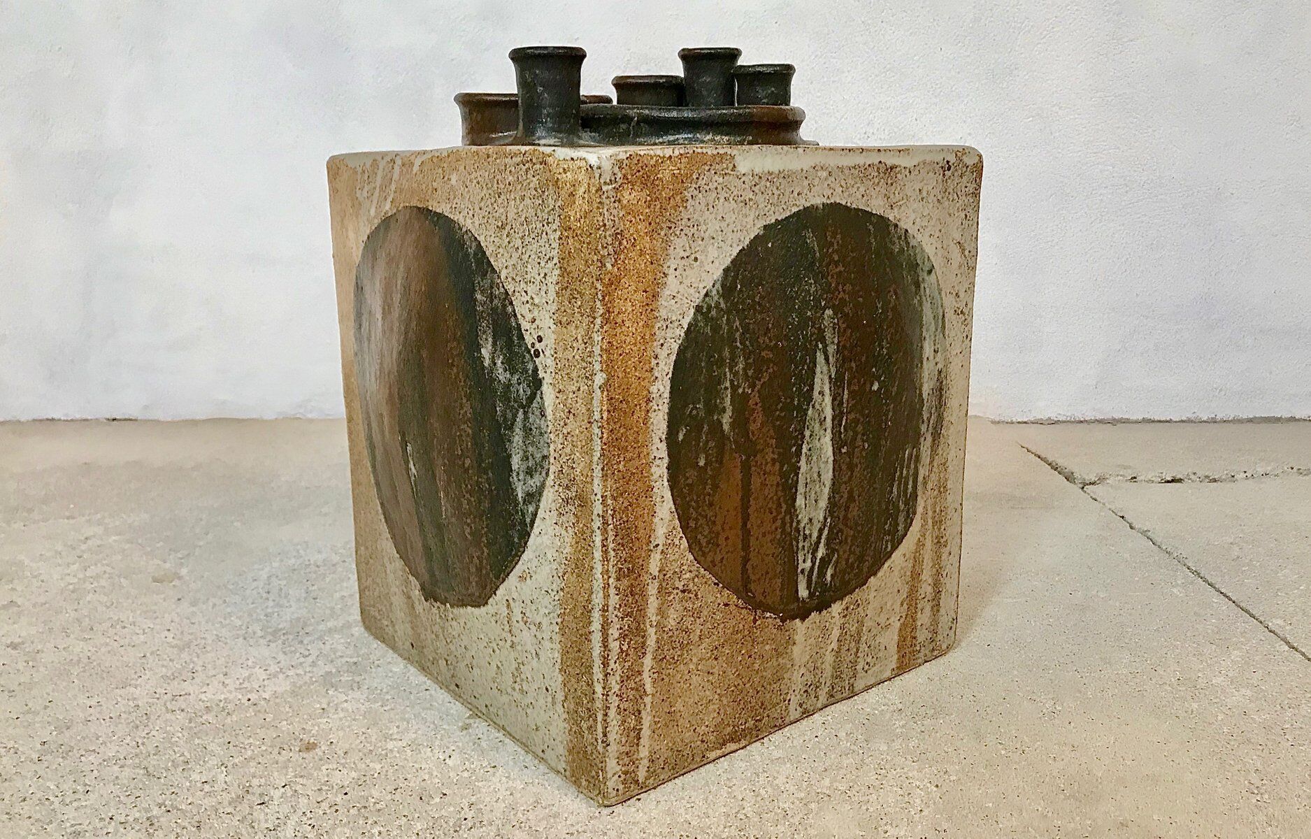 Brutalist ceramic art cube vase by Annette Merkenthaler, Germany 1960s