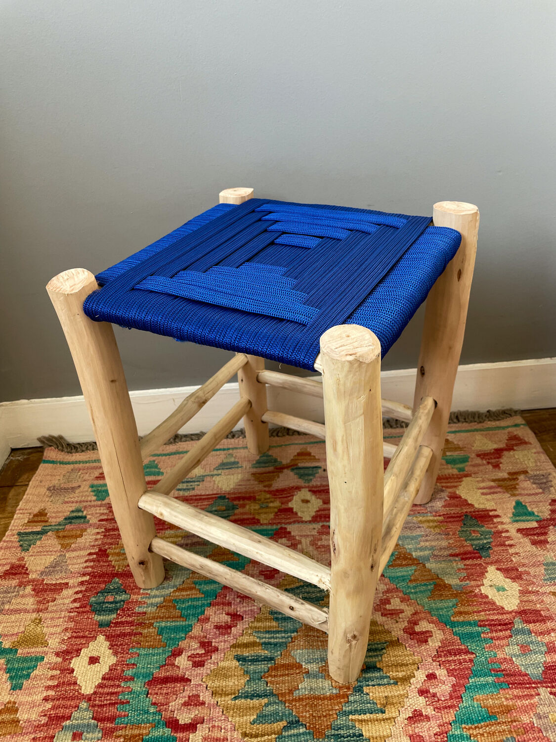 Moroccan stool beldi seated blue Majorelle