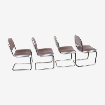 Set of 4 vintage chairs chrome and brown fabric