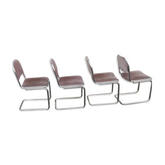 Set of 4 vintage chairs chrome and brown fabric