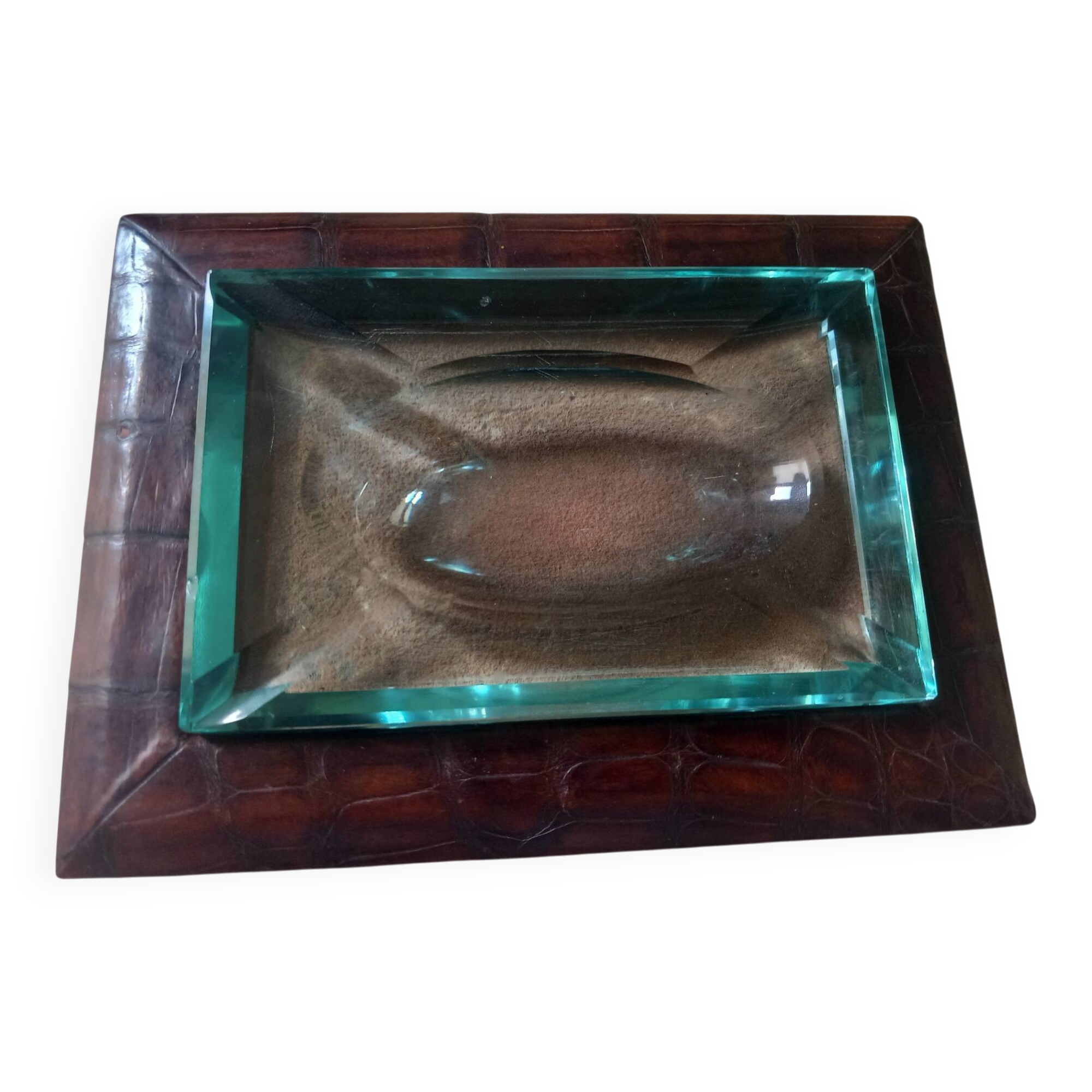 Crocodile leather ashtray with cut crystal.