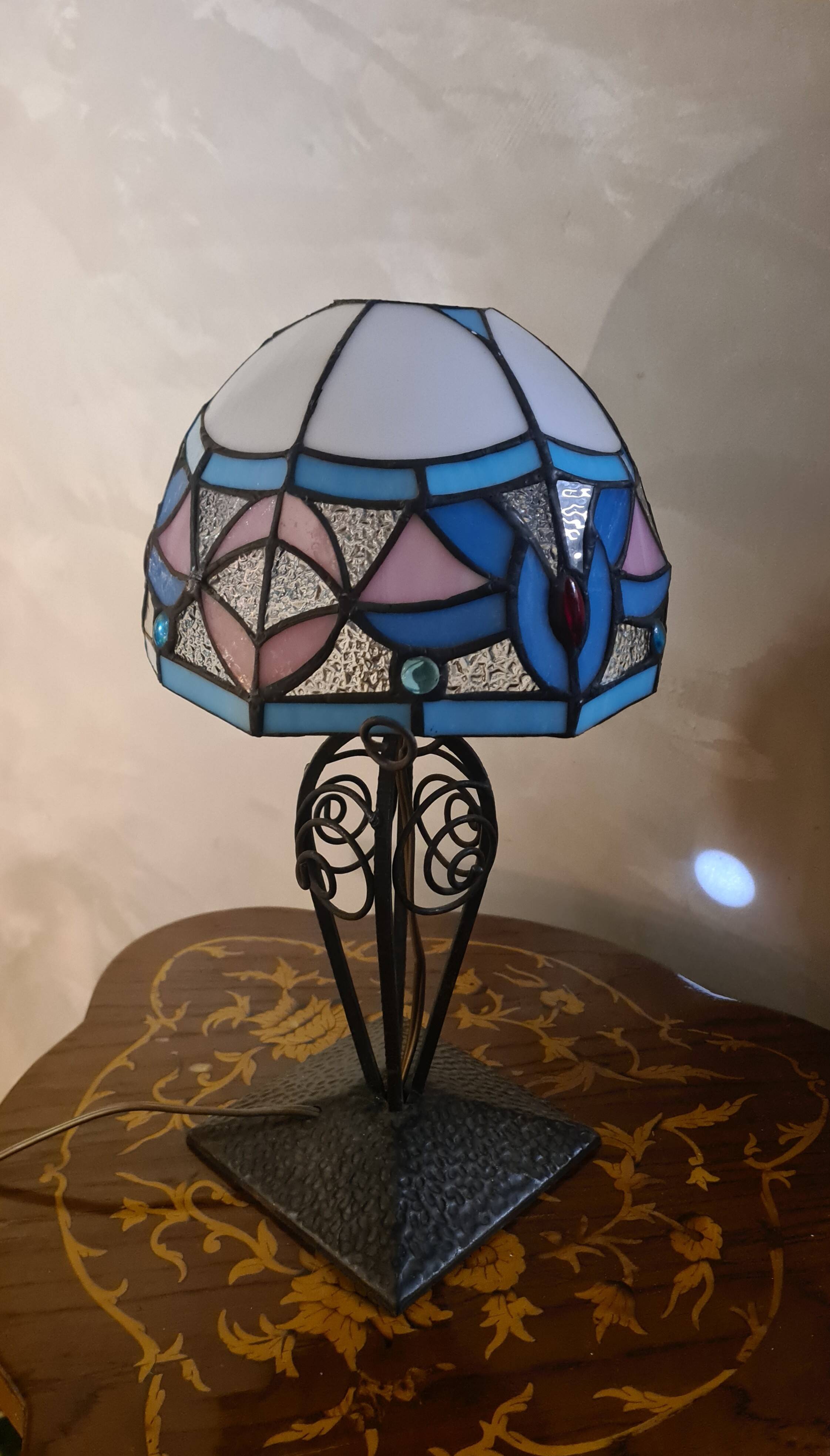 antique wrought iron lamp, 1900 to 1930 with stained glass lampshade soldered with lead