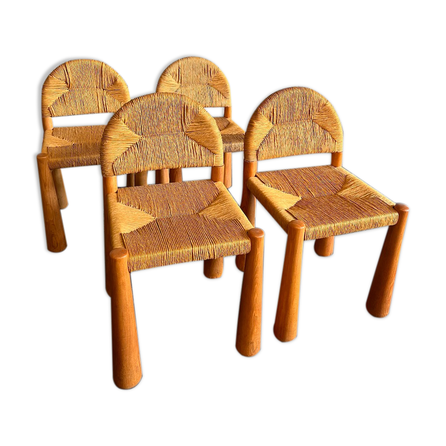 4 Toscanolla chairs in wicker and solid pine by alessandro becchi for giovanetti - italy - 1970