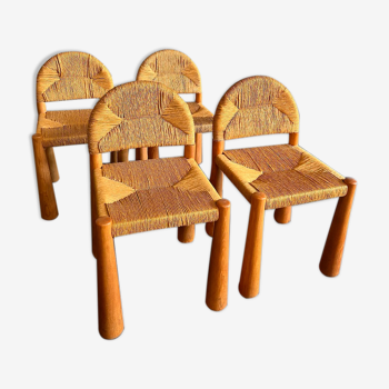 4 chaises Toscanolla en osier et pin massif par alessandro becchi pour giovanetti - italy - 1970