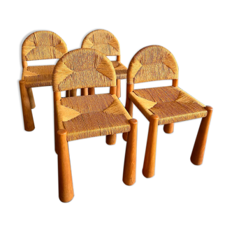 4 Toscanolla chairs in wicker and solid pine by alessandro becchi for giovanetti - italy - 1970