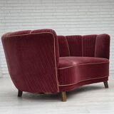 1960s, Danish 2-seater "Banana" sofa, red furniture velour, oak wood.